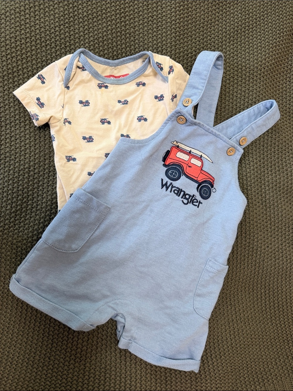 Wrangler Light Blue Short Overalls with Cream Tee and Red Jeep